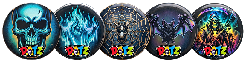 DATZ collectible pieces — skull, flame, spider, bat, and reaper designs